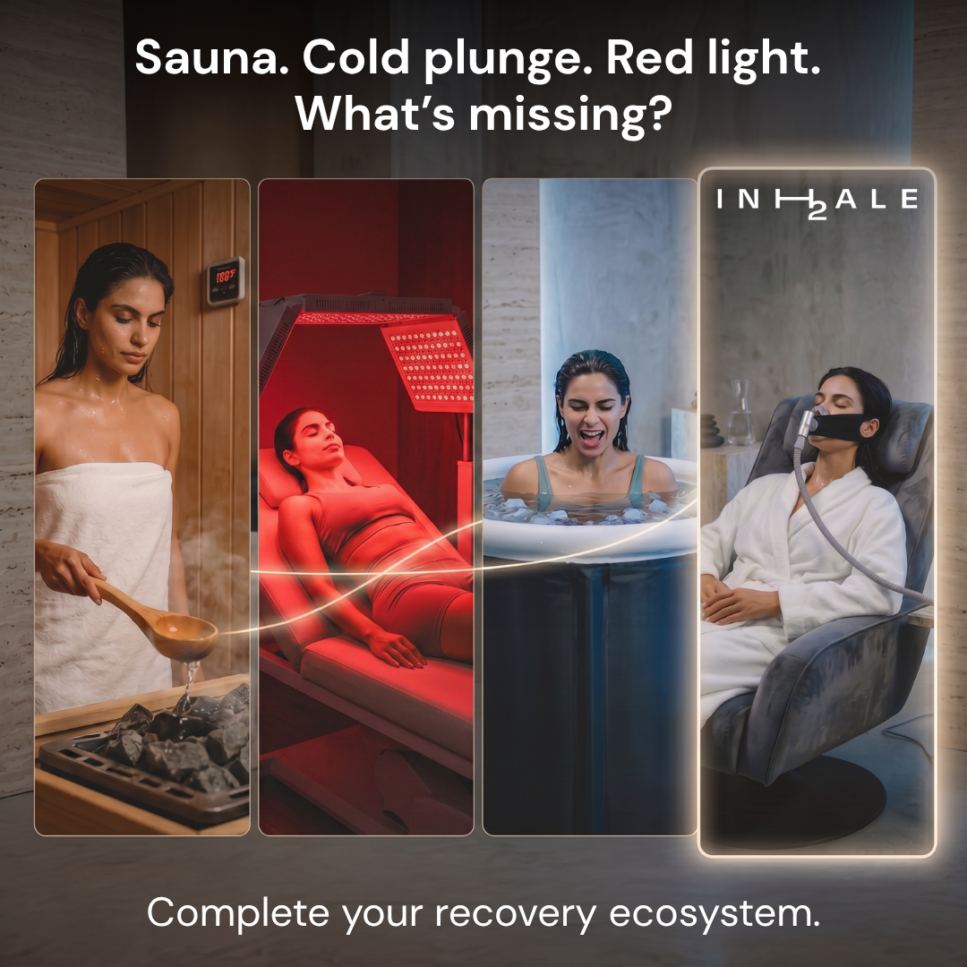 InhaleH₂ shown alongside other recovery modalities — sauna, red light, cold plunge